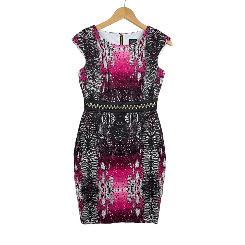 JAX Womens Snakeskin Print Sheath Bodycon Dress size 0 Black/White/Pink